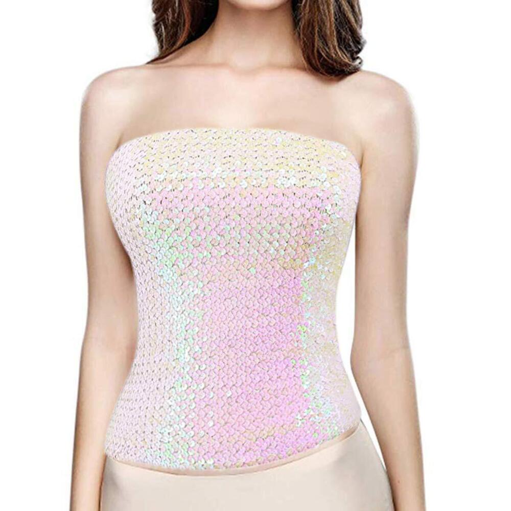 3581 Girls Sparkling Sequins Tube Top Strapless Stretchy Tank Top Crop Top